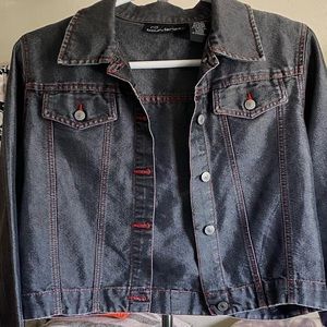 Y2K 90’s Denim Jacket Faded Black/Gray Red Stitching Size XL (Jr) No Boundaries